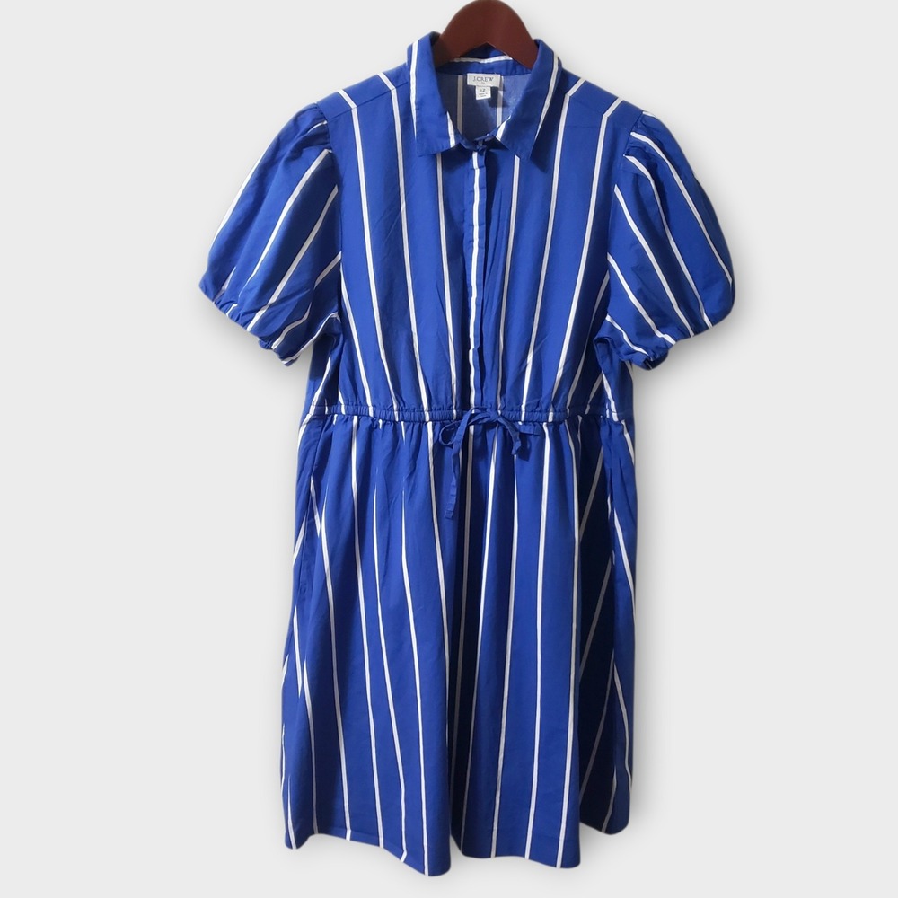 J.Crew Factory Short Sleeve Tie Waist Mini Dress Blue White Stripe Sz 12 CC789
